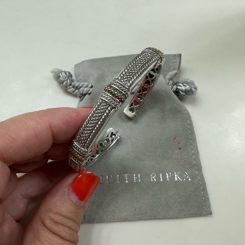 Judith Ripka JR TWO Narrow Pia Diamond Hinged Cuff Bracelet- Gold Silver - Picture 3 of 8